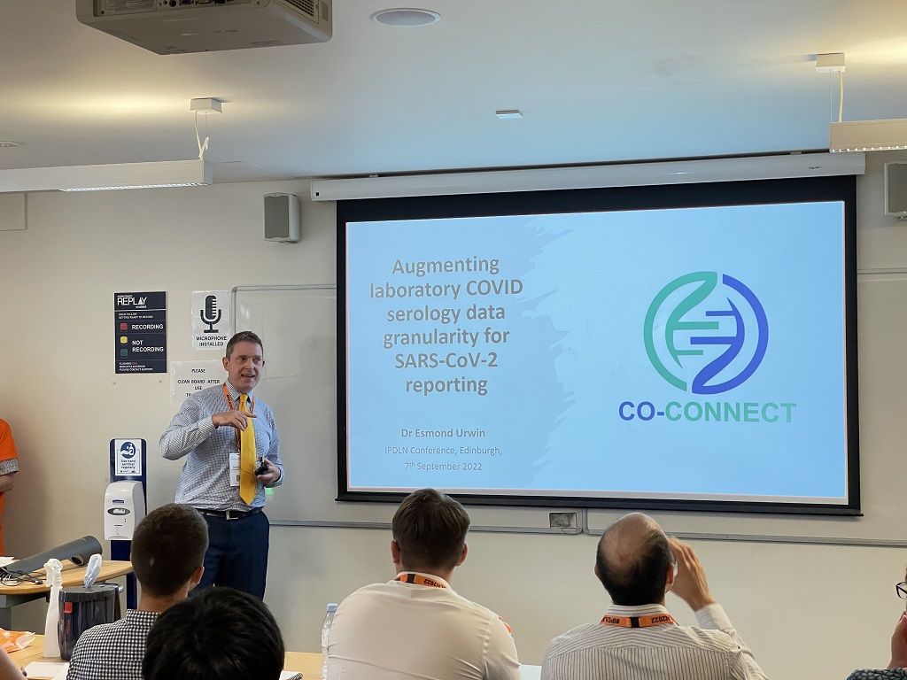 CO-CONNECT team member Esmond Urwin, University of Nottingham, beginning his presentation on why there should be a standard format datasets for recording COVI D-19 related serology (type of blood testing) data. Find out more below.