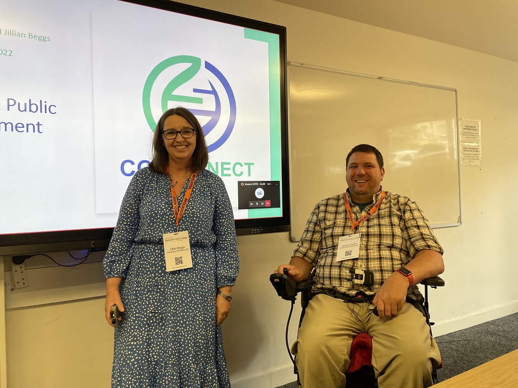 CO-CONNECT Patient and Public Involvement (PPI) Leads Jillian Beggs (left) and Antony Chuter (right) after giving their presentation.